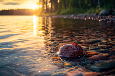 Red Amber Gemstone Among Lake Poriâs Pebbles at Sunset with a Forest Backdropの写真素材