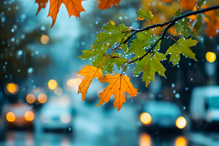 Macro Shot of Maple Leaves on a Rainy Day with Blurred Urban Lights in the Backgroundの写真素材