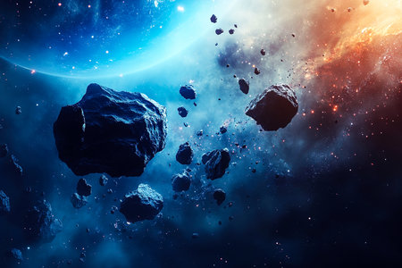 Fantasy Space Scene with Asteroids and Floating Rocks in Sci-Fi Styleの写真素材