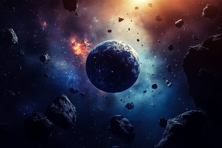 Abstract Asteroid Belt and Planet in Outer Space with Dust Particles