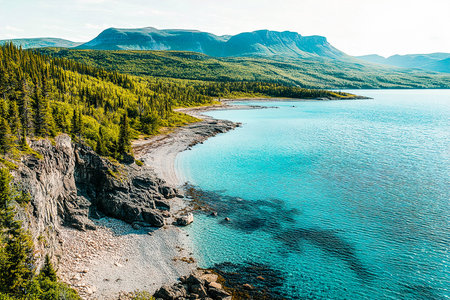 Scenic Summer Coastline with Clear Blue Sea and Lush Green Hillsの写真素材