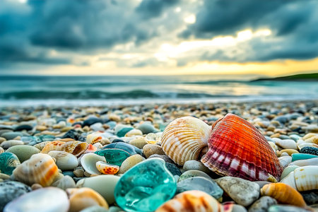 Vibrant Seashells and Sea Glass Scattered Along a Rocky Irish Coastlineの写真素材