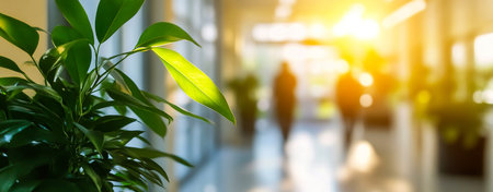 Blurred Motion of Business People in a Modern Office with Greenery and Sunlightの写真素材