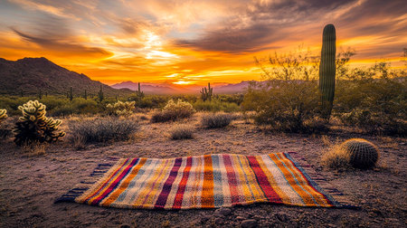 Colorful Desert Tribal Blanket at Arizona Sunset with Cacti and Mountainsの写真素材
