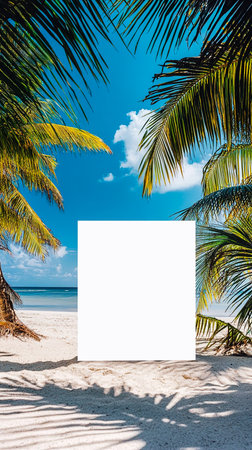 Blank White Square Poster on a Tropical Beach with Palm Trees and Blue Skyの写真素材