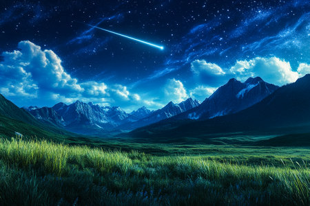 Starry Night Sky with Shooting Star Over a Mountain Meadow â Stunning Night Photographyの写真素材