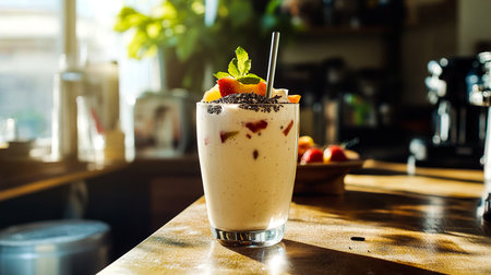 Creamy Protein Shake with Fresh Fruits and Chia Seeds in a Sunlit Kitchenの写真素材