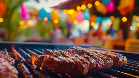 Grilled Steaks on Barbecue with Blurred Outdoor Party Background â BBQ Conceptの写真素材