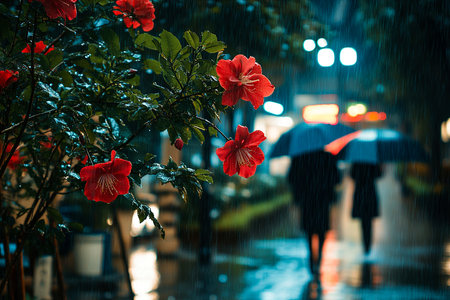 Rainy Day in the Park with Red Flowers and Reflections on Wet Pavement, People Walking with Umbrellas on a Rainy Streetの写真素材
