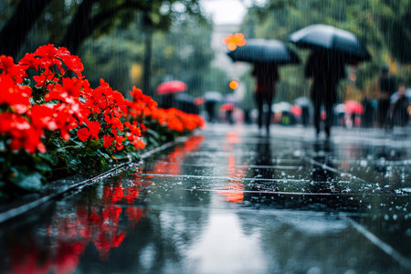 Rainy Day in the Park with Red Flowers and Reflections on Wet Pavement, People Walking with...