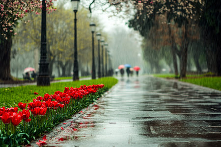 Rainy Day in the Park with Red Flowers and Reflections on Wet Pavement, People Walking with...