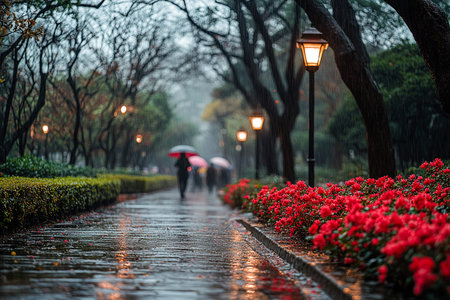 Rainy Day in the Park with Red Flowers and Reflections on Wet Pavement, People Walking with...