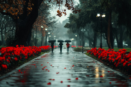 Rainy Day in the Park with Red Flowers and Reflections on Wet Pavement, People Walking with Umbrellas on a Rainy Streetの写真素材