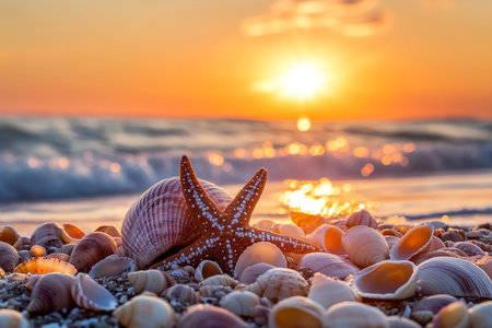 Starfish and Seashells on the Beach at Sunset â€“ Serene Seascape Background