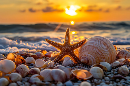 Starfish and Seashells on the Beach at Sunset â€“ Serene Seascape Background