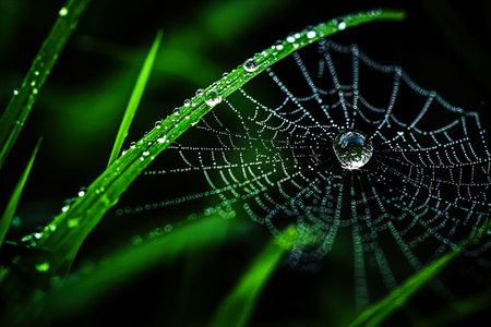 Macro Shot of Dew-Drenched Spider Web with High Detail and Black Background