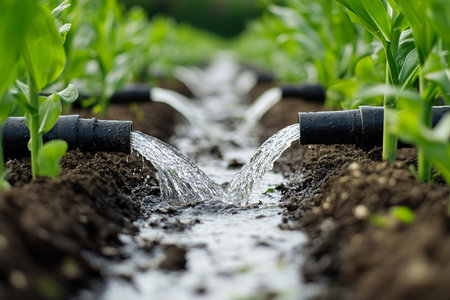 Water Flow from Underground Pipe to Farmland â Smart Irrigation Technology Conceptの写真素材