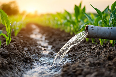 Water Flow from Underground Pipe to Farmland â Smart Irrigation Technology Conceptの写真素材