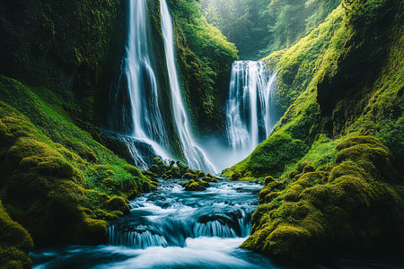 Serene Waterfall in Lush Forest with Long Exposure Photographyの写真素材
