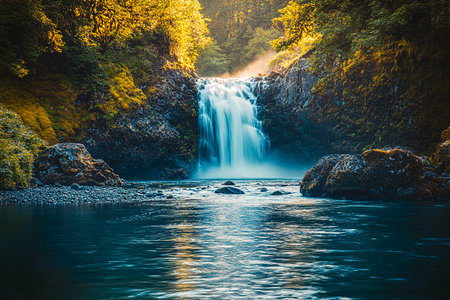 Serene Waterfall in Lush Forest with Long Exposure Photographyの写真素材