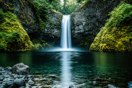 Serene Japanese Waterfall in Lush Forest with Long Exposure Photographyの写真素材