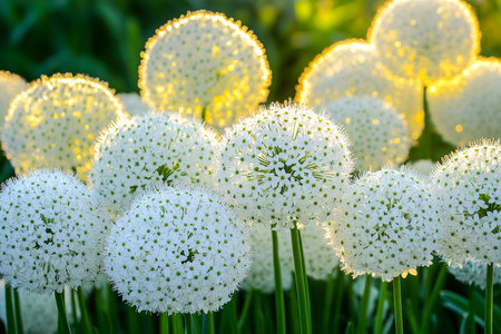Beautiful White Allium Flower Field with Dew Drops at Sunrise