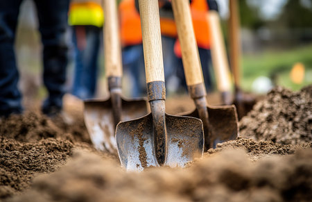 Close-Up of Shovels in Line on Soil for Groundbreaking Ceremony and Construction Project, Labour Dayの写真素材
