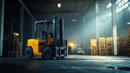 Forklift Truck in Warehouse with Pallets of Goods, Amber and Black Theme, Yellow Forklift in Modern Storage Hallの写真素材