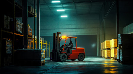 Forklift Truck in Warehouse with Pallets of Goods, Amber and Black Theme, Yellow Forklift in Modern Storage Hallの写真素材
