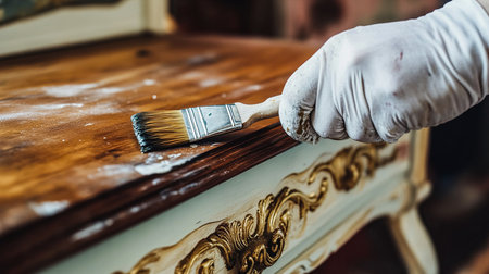 Close-Up of Hand Painting Old Wooden Furniture with White Paint and Brushの写真素材