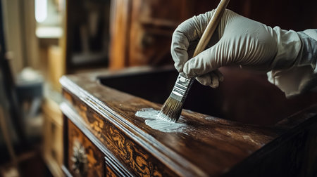 Close-Up of Hand Painting Old Wooden Furniture with White Paint and Brushの写真素材