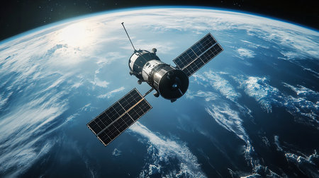 A Satellite Above Earth with Solar Panels and Cloud Detail â Cinematic Space Viewの写真素材