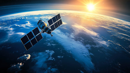 A Satellite Above Earth with Solar Panels and Cloud Detail â€“ Cinematic Space View