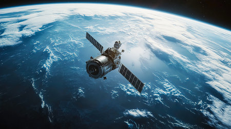 A Satellite Above Earth with Solar Panels and Cloud Detail â€“ Cinematic Space View