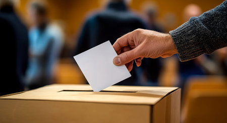 Close-Up of Hand Casting Ballot into Wooden Voting Box and  Blurred Background Scene