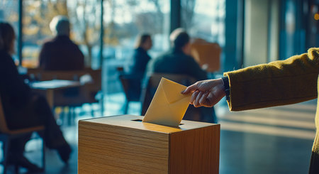 Close-Up of Hand Casting Ballot into Wooden Voting Box and  Blurred Background Scene