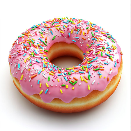 Donut with pink icing and colorful sprinkles isolated on white backgroundの写真素材