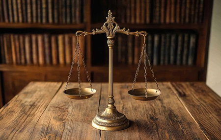 Vintage Golden Scales of Justice on Wooden Table, Law and Order Conceptの写真素材