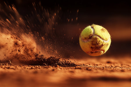 Tennis Ball Hitting the Ground on a Clay Court with Flying Dust Particlesの写真素材