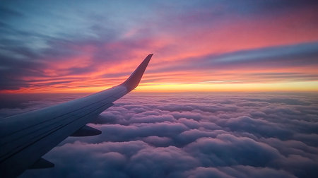 Stunning Sunset from Plane Window with Wing and Cloudscapeの写真素材
