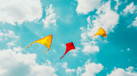 Red and Yellow Kites Flying in Blue Sky with White Clouds â Summer Festival Conceptの写真素材