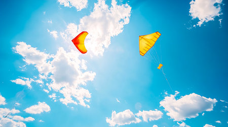 Red and Yellow Kites Flying in Blue Sky with White Clouds â Summer Festival Conceptの写真素材