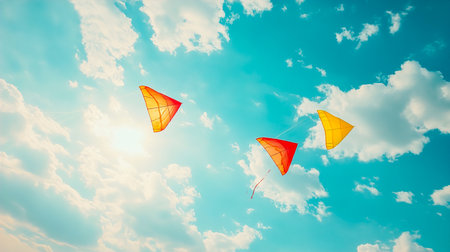 Red and Yellow Kites Flying in Blue Sky with White Clouds â Summer Festival Conceptの写真素材