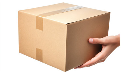 Cardboard box in hand isolated on white background. Clipping path included.の写真素材