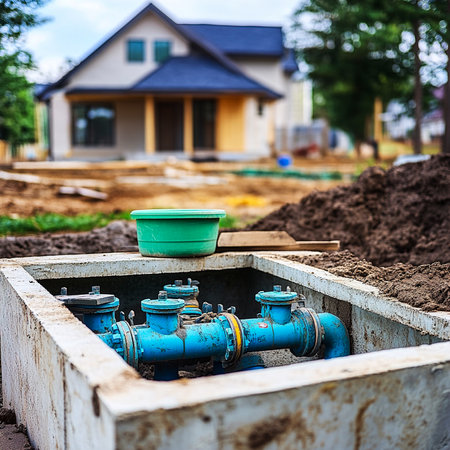Sewage system installation in the backyard of an American home, gray concrete tank with blue pipesの写真素材