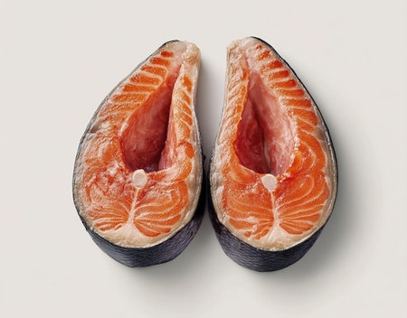 Two pieces of raw salmon on a white background. Top view.の写真素材