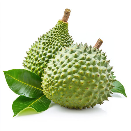 Durian fruit with leaf isolated on white background. Durian is the king of fruit.の写真素材