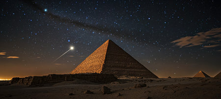 Great Pyramid of Egypt at Night with Shooting Star in the Skyの写真素材