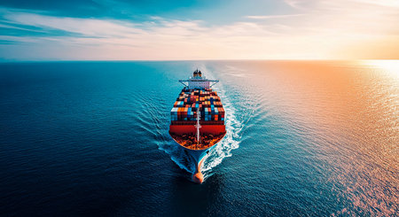 Large Container Ship Sailing Under a Clear Blue Sky on a Sunny Day