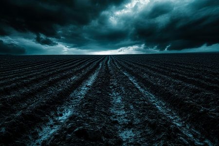 Lightning Streaks Through a Stormy Sky Over a Field at Nightの写真素材